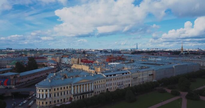 Aerial panorama of the center of St. Petersburg in summer 
