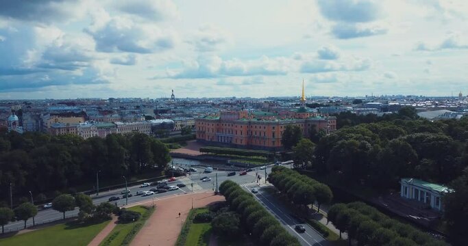 Aerial panorama of the center of St. Petersburg in summer 
