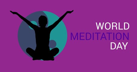 Composite of silhouette woman meditating by world meditation day text, copy space