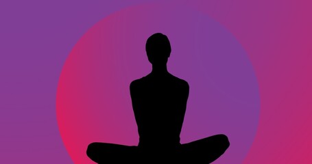 Composite of silhouette woman exercising against purple and pink background, copy space
