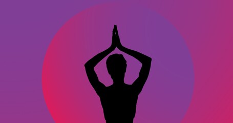 Composite of silhouette woman meditating against purple and pink background, copy space