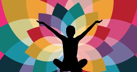 Composite of silhouette woman practicing yoga against colorful background, copy space - Powered by Adobe