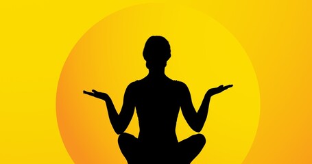 Composite of silhouette woman meditating against yellow background, copy space