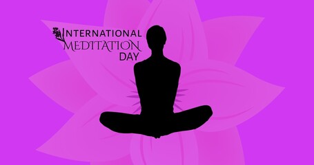 Composite of silhouette woman meditating by international meditation day text, copy space