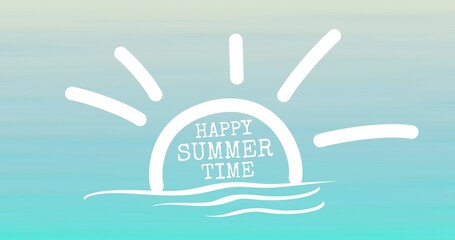 Illustration of sun with happy summer time text in blue sky with copy space