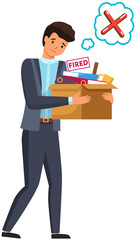 Fired worker with box of things refuses, says no. Office employee loses his job. Frustrated male character with cardboard box after dismissal and disagree icon, red cross sticker in speech bubble