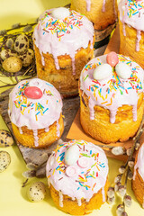 Traditional Easter cake. Festive sweet food with icing and decor. Eggs, nest, willow