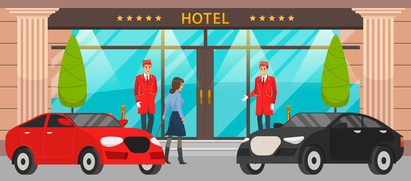 Doormen In Red Uniform Next To Door Inviting To Hotel. Girl With Suitcase Near Entrance To Building. Main Front Entrance To Luxury Hotel And Premium Cars. Staff And Visitors Near Large Building