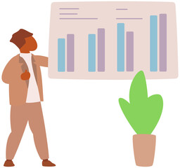 Man standing next to flipchart with diagram. Presentation board with statistical data. Business report showroom with poster and lecturer. Businessman demonstrates results of statistical research