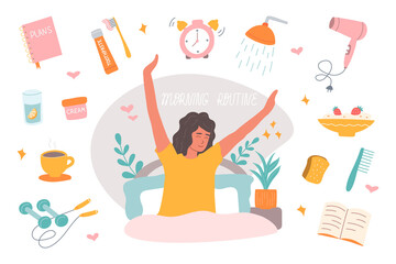 Morning routine consists of cup of coffee, an alarm clock, breakfast, fitness, shower. Girl in bed stretches with smile on her face. Woman self care concept. Vector illustration in flat style
