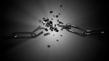 Metallic chain breaking into pieces as symbol of freedom anbd liberation