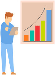 Man standing next to flipchart with diagram. Presentation board with statistical data. Business report showroom with poster and lecturer. Businessman demonstrates results of statistical research