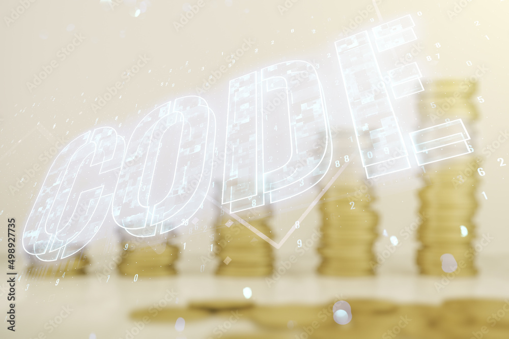 Poster code word hologram on growing stacks of coins background, artificial intelligence and neural network