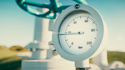Close up of a manometer with a gas pipe in the background. 3d rendering.
