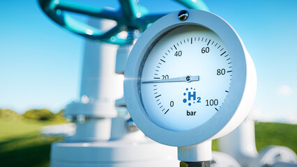 Close up of a manometer with a hydrogen pipe in the background. 3d rendering. - obrazy, fototapety, plakaty