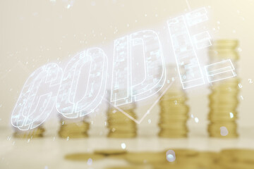 Code word hologram on growing stacks of coins background, artificial intelligence and neural networks concept. Multiexposure