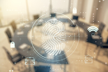 Multi exposure of virtual fingerprint scan interface on a modern furnished office interior background, digital access concept