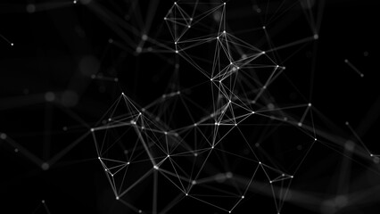 Abstract dark background with moving white lines and dots. Network connection. Worldwide Internet connection. Illustration of big data. 3d rendering.