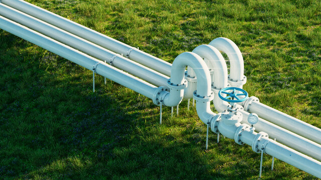 White gas and oil pipeline on lush grassy background. 3d rendering.