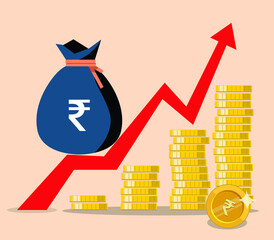 Rupee bag and coin showing growth, financial growing chart vector illustration.