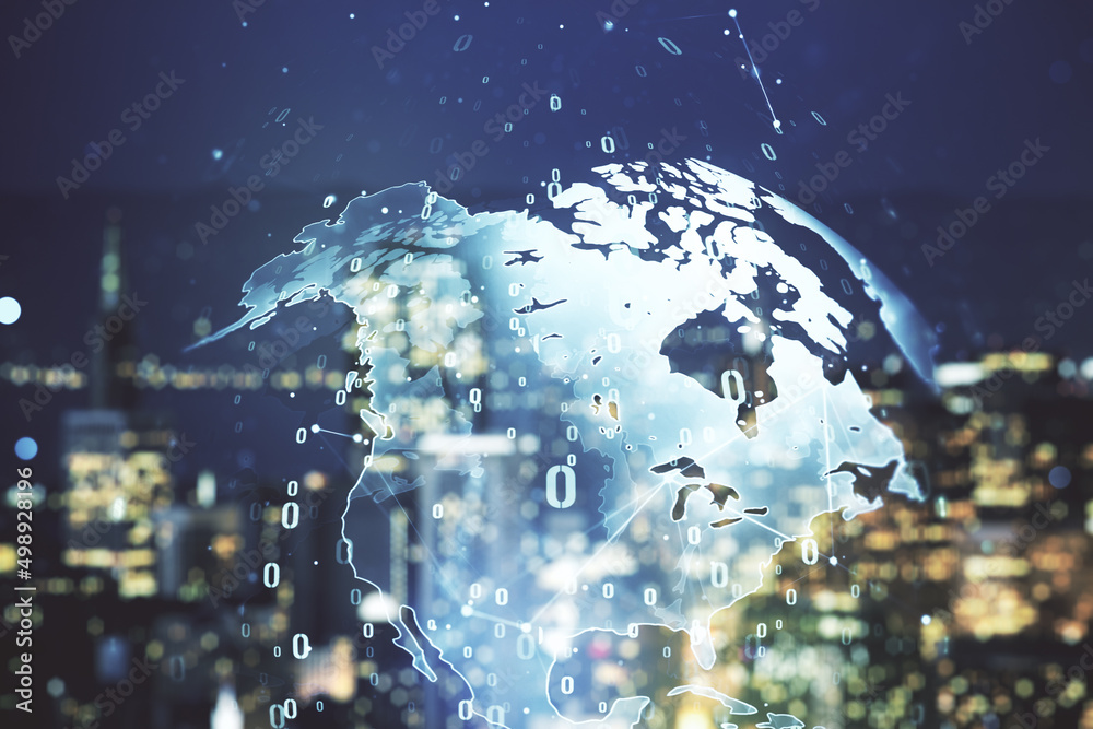 Poster multi exposure of abstract graphic coding sketch and world map on blurry skyscrapers background, big