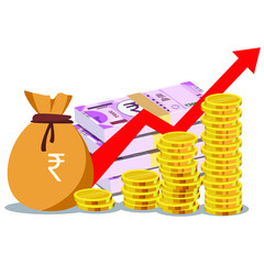 Rupee bag and coin showing growth, financial growing chart vector illustration.