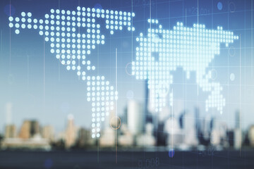 Multi exposure of abstract graphic world map hologram on blurry office buildings background,...