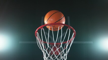 Super slow motion of basketball ball hitting the basket. Filmed on high speed cinema camera, 1000fps. Speed ramp effect.