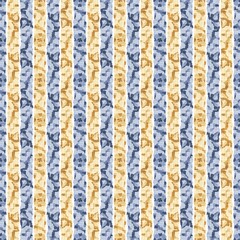 Seamless French country kitchen stripe fabric pattern print. Blue yellow white vertical striped background. Batik dye provence style rustic woven cottagecore textile. 