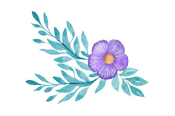 Flower arrangement. Watercolor composition with knitted purple flower and green leaves. Isolated bouquet on a white background. Design for postcards, banners, invitations and stickers.