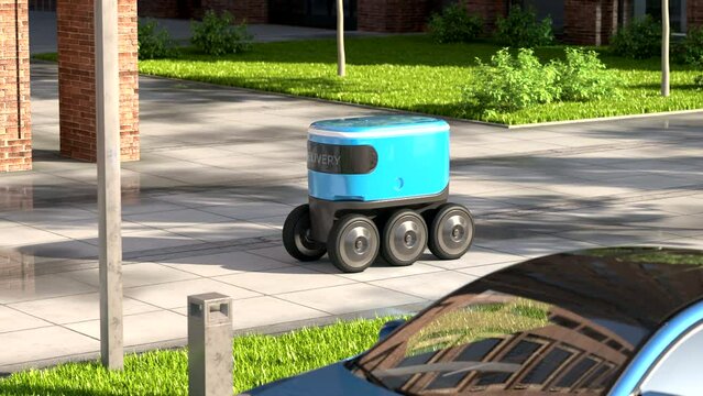 Autonomous delivery robot drives along the street