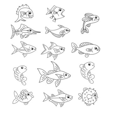Graphic fish set. a variety of marine and freshwater inhabitants for restaurant menus. Vector collection of icons and illustrations. logo type, logo