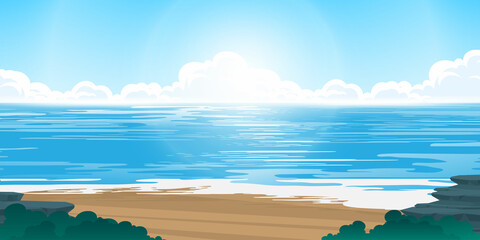 Sea beach landscape. There are rocks on the beach and clouds in the blue sky.