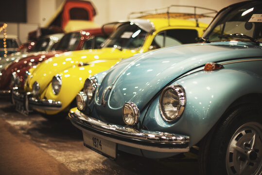 Volkswagen Beetle classic vehicles side by side at the exhibition of classic cars Izmir fair.