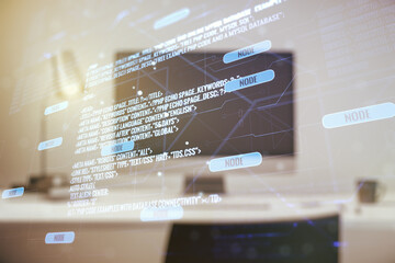 Multi exposure of abstract programming language hologram on computer background, artificial intelligence and neural networks concept