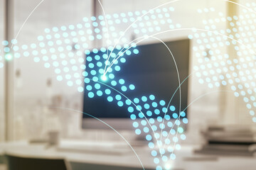 Abstract creative world map with connections on modern laptop background, international trading concept. Multiexposure