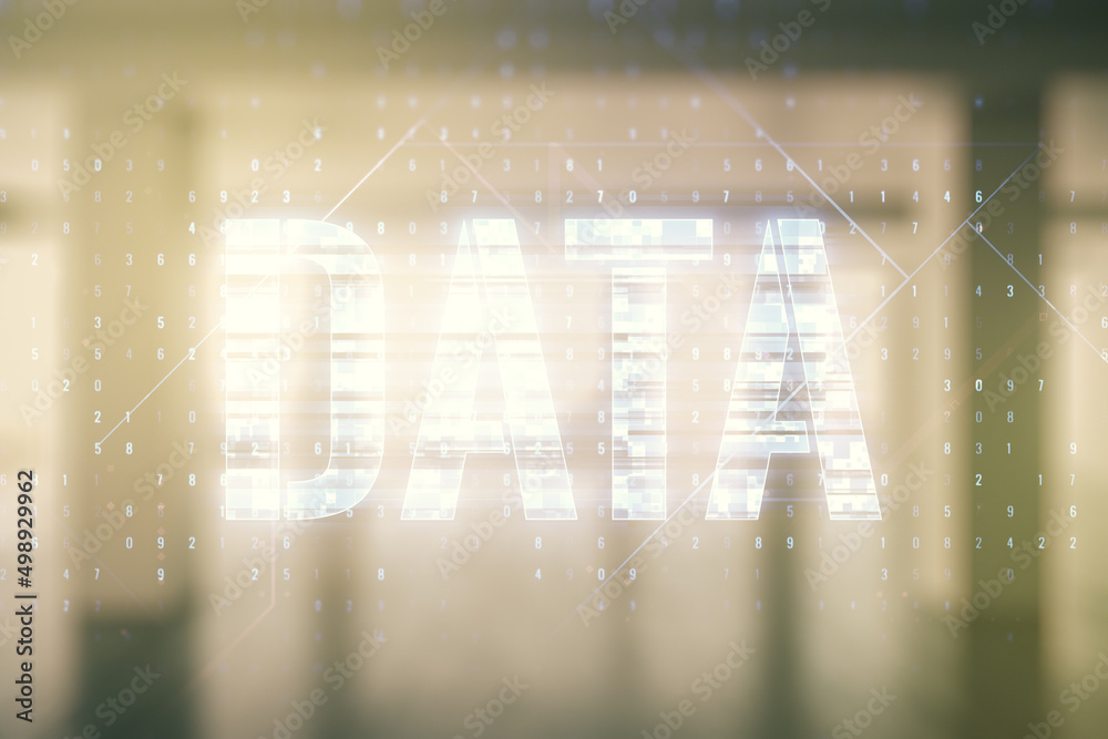 Poster data word hologram on empty room interior background, big data and blockchain concept. multiexposure