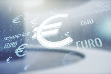 Virtual EURO symbols sketch on empty room interior background, strategy and forecast concept....