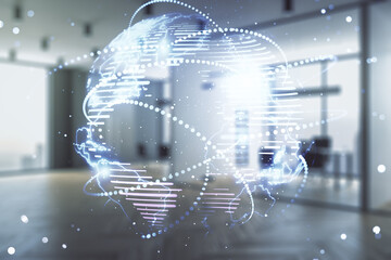 Abstract virtual world map with connections on a modern furnished office background, international trading concept. Multiexposure