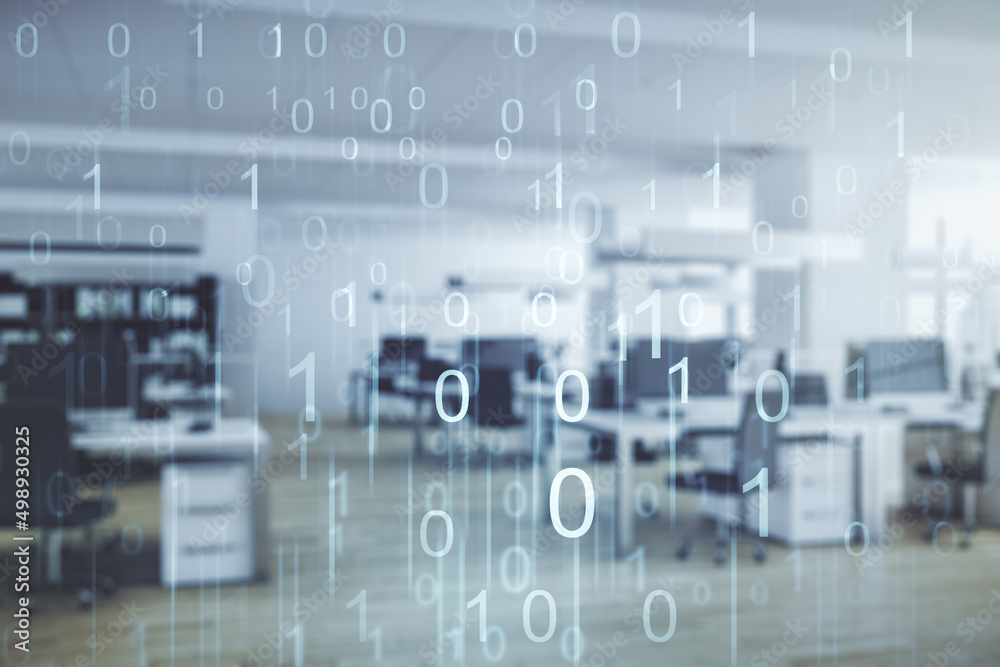Poster abstract virtual binary code illustration on a modern furnished office background. big data and codi