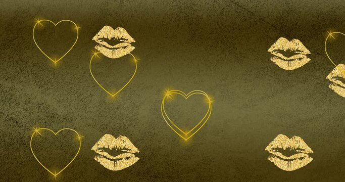 Animation of lips and hearts over yellow background