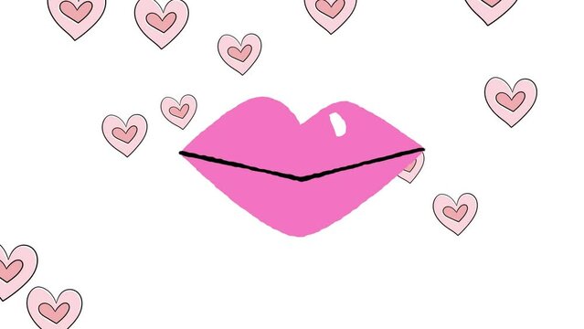 Animation of lips and hearts floating on white background