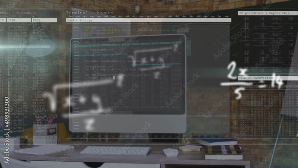 Poster animation of math formulas over computer screen with copy space on office desk