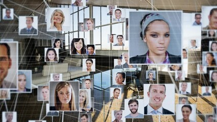 Animation of network of connections with user photos over office interior - Powered by Adobe