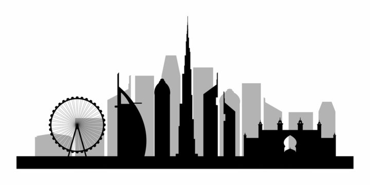 Dubai black silhouette, sights, Emirates, UAE, Burj Khalifa, Ain Dubai, Atlantis The Palm, Rose Tower, Emirates Towers, Burj Al Arab. White background