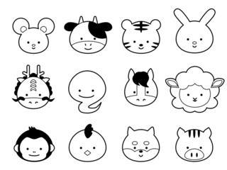 かわいい十二支のアイコン モノクロの線画