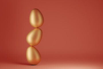 3D rendering of a Pile of golden Easter eggs with negative space