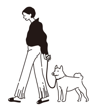 recommend clip art: 犬の散歩をしている女性のベクター線画