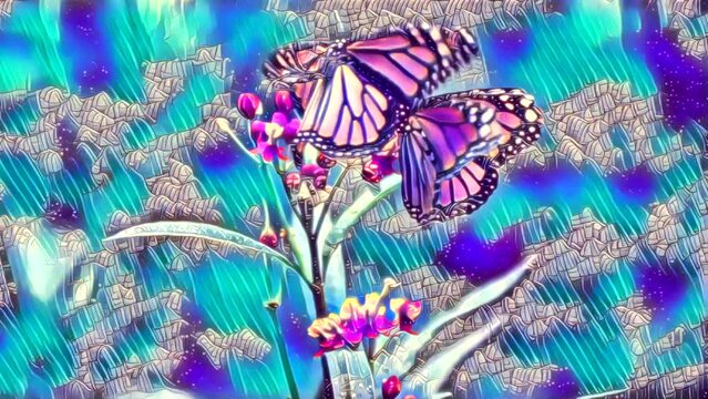 Artistic cartoon blue and purple color animation of butterflies flying over plant. Digital art concept
