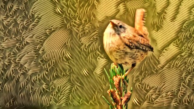 Artistic yellow painted colored animation of small wren bird singing on twig. Digital art concept